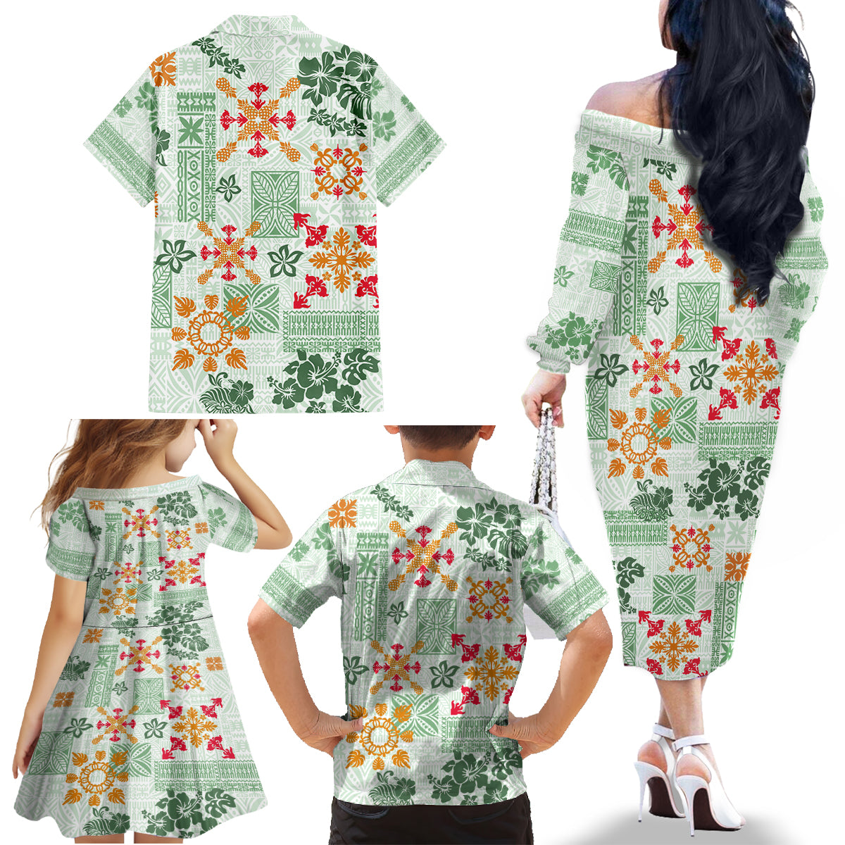 Hawaii Tapa Tribal Family Matching Off Shoulder Long Sleeve Dress and Hawaiian Shirt With Hawaiian Quilt Pattern Green - Wonder Print Shop