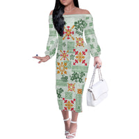 Hawaii Tapa Tribal Family Matching Off Shoulder Long Sleeve Dress and Hawaiian Shirt With Hawaiian Quilt Pattern Green - Wonder Print Shop