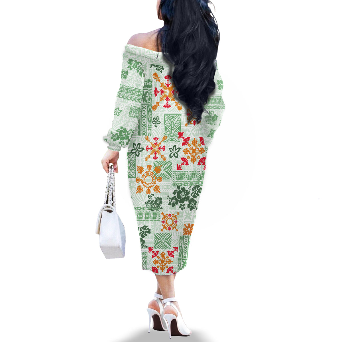 Hawaii Tapa Tribal Family Matching Off Shoulder Long Sleeve Dress and Hawaiian Shirt With Hawaiian Quilt Pattern Green - Wonder Print Shop