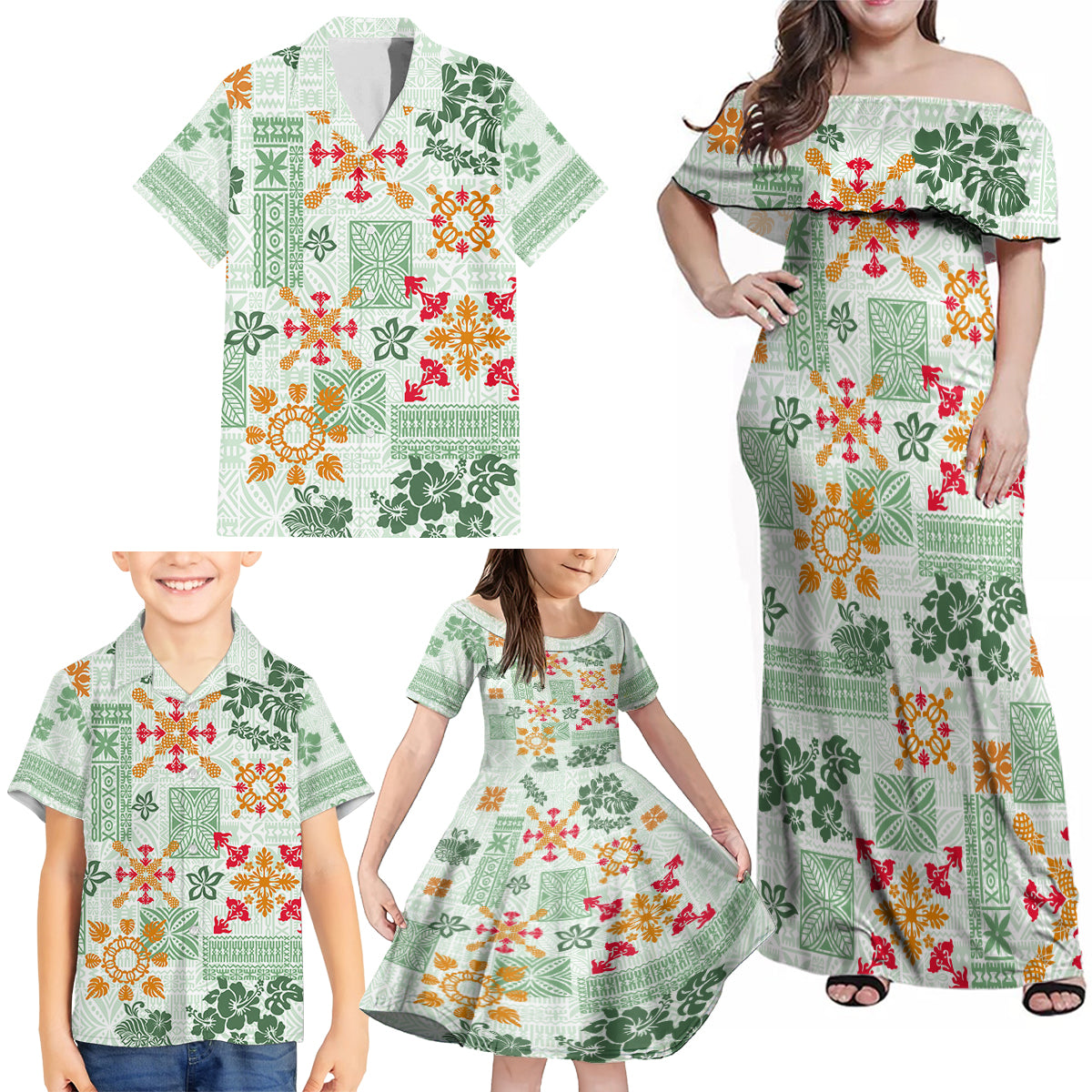 Hawaii Tapa Tribal Family Matching Off Shoulder Maxi Dress and Hawaiian Shirt With Hawaiian Quilt Pattern Green LT9 - Wonder Print Shop