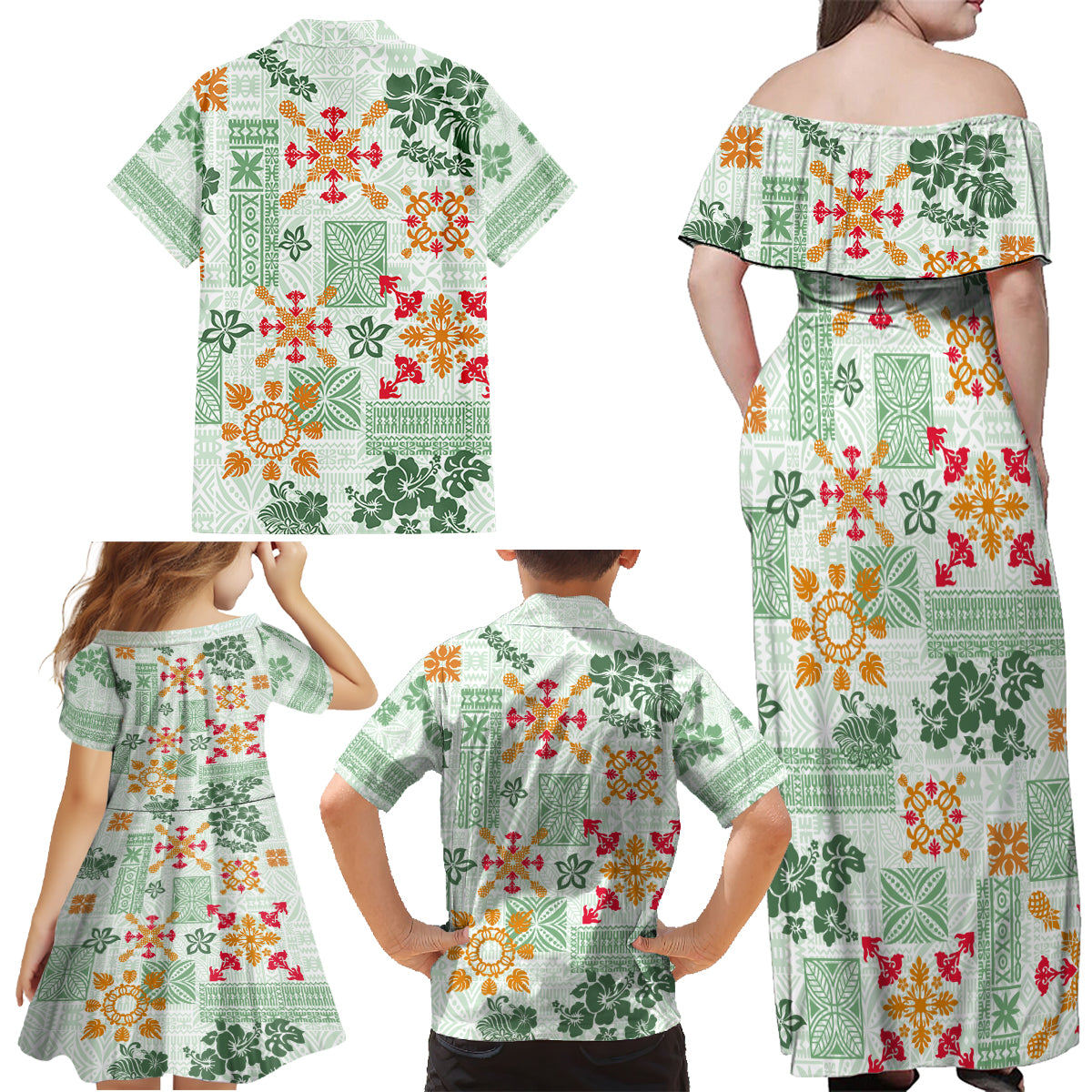 Hawaii Tapa Tribal Family Matching Off Shoulder Maxi Dress and Hawaiian Shirt With Hawaiian Quilt Pattern Green LT9 - Wonder Print Shop