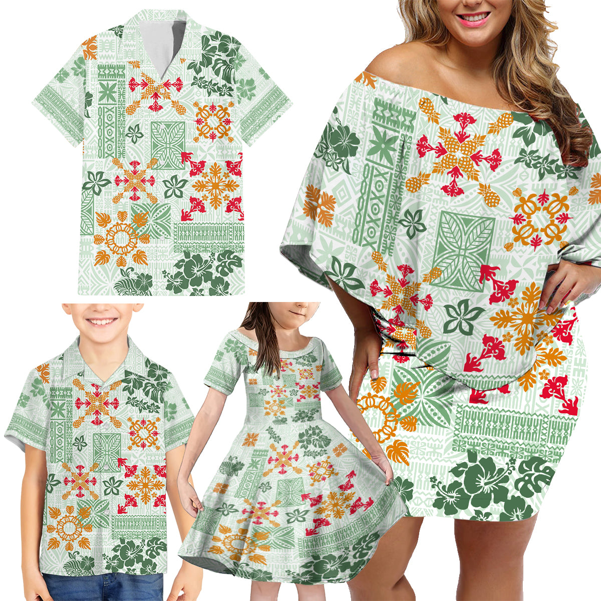 Hawaii Tapa Tribal Family Matching Off Shoulder Short Dress and Hawaiian Shirt With Hawaiian Quilt Pattern Green LT9 - Wonder Print Shop