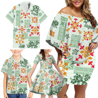 Hawaii Tapa Tribal Family Matching Off Shoulder Short Dress and Hawaiian Shirt With Hawaiian Quilt Pattern Green LT9 - Wonder Print Shop