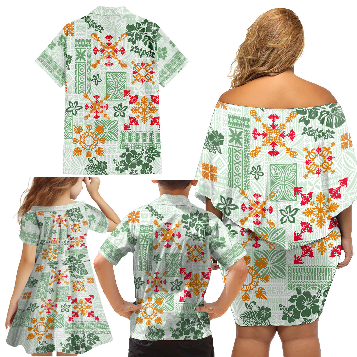 Hawaii Tapa Tribal Family Matching Off Shoulder Short Dress and Hawaiian Shirt With Hawaiian Quilt Pattern Green LT9 - Wonder Print Shop