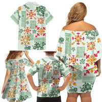 Hawaii Tapa Tribal Family Matching Off Shoulder Short Dress and Hawaiian Shirt With Hawaiian Quilt Pattern Green LT9 - Wonder Print Shop