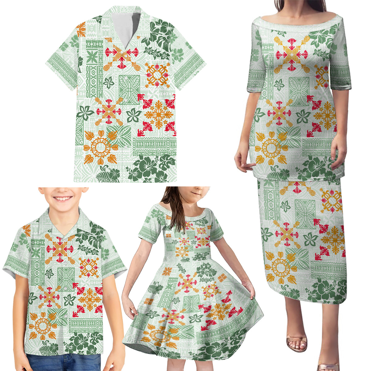 Hawaii Tapa Tribal Family Matching Puletasi Dress and Hawaiian Shirt With Hawaiian Quilt Pattern Green - Wonder Print Shop