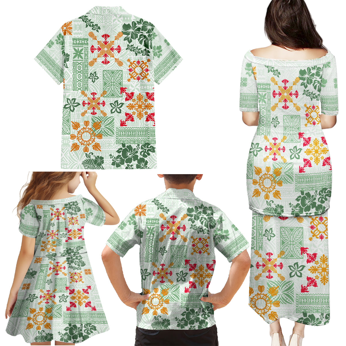 Hawaii Tapa Tribal Family Matching Puletasi Dress and Hawaiian Shirt With Hawaiian Quilt Pattern Green - Wonder Print Shop