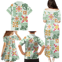Hawaii Tapa Tribal Family Matching Puletasi Dress and Hawaiian Shirt With Hawaiian Quilt Pattern Green - Wonder Print Shop