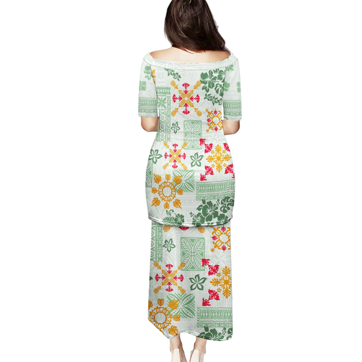 Hawaii Tapa Tribal Family Matching Puletasi Dress and Hawaiian Shirt With Hawaiian Quilt Pattern Green - Wonder Print Shop