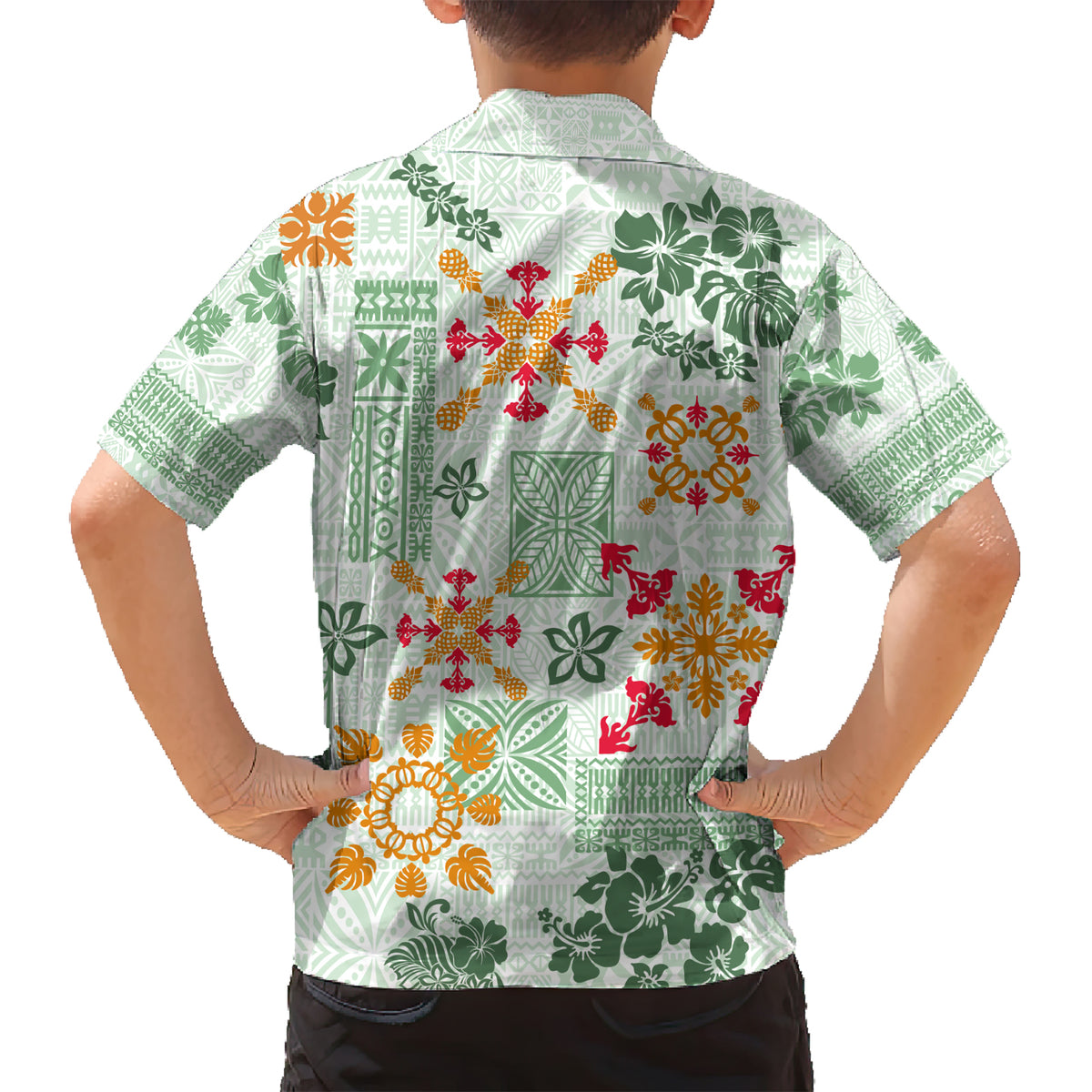 Hawaii Tapa Tribal Family Matching Short Sleeve Bodycon Dress and Hawaiian Shirt With Hawaiian Quilt Pattern Green - Wonder Print Shop