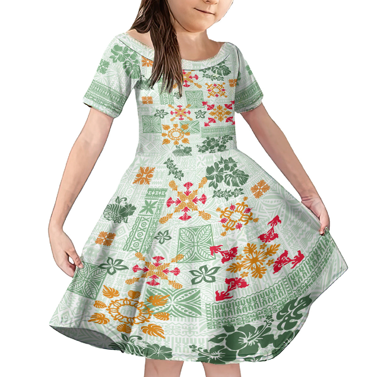 Hawaii Tapa Tribal Family Matching Summer Maxi Dress and Hawaiian Shirt With Hawaiian Quilt Pattern Green - Wonder Print Shop