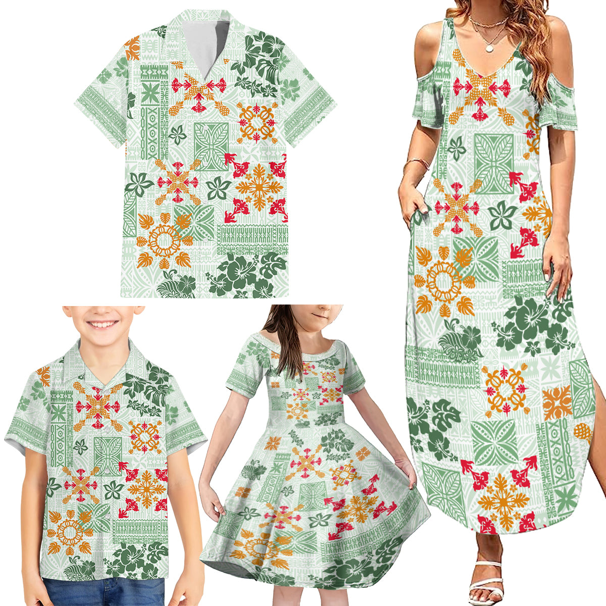 Hawaii Tapa Tribal Family Matching Summer Maxi Dress and Hawaiian Shirt With Hawaiian Quilt Pattern Green - Wonder Print Shop