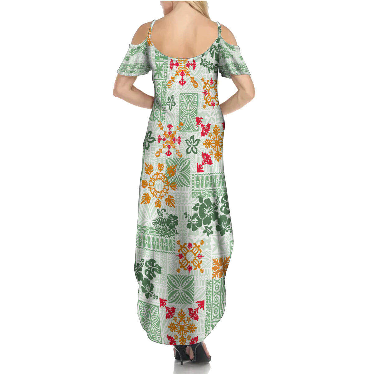 Hawaii Tapa Tribal Family Matching Summer Maxi Dress and Hawaiian Shirt With Hawaiian Quilt Pattern Green - Wonder Print Shop