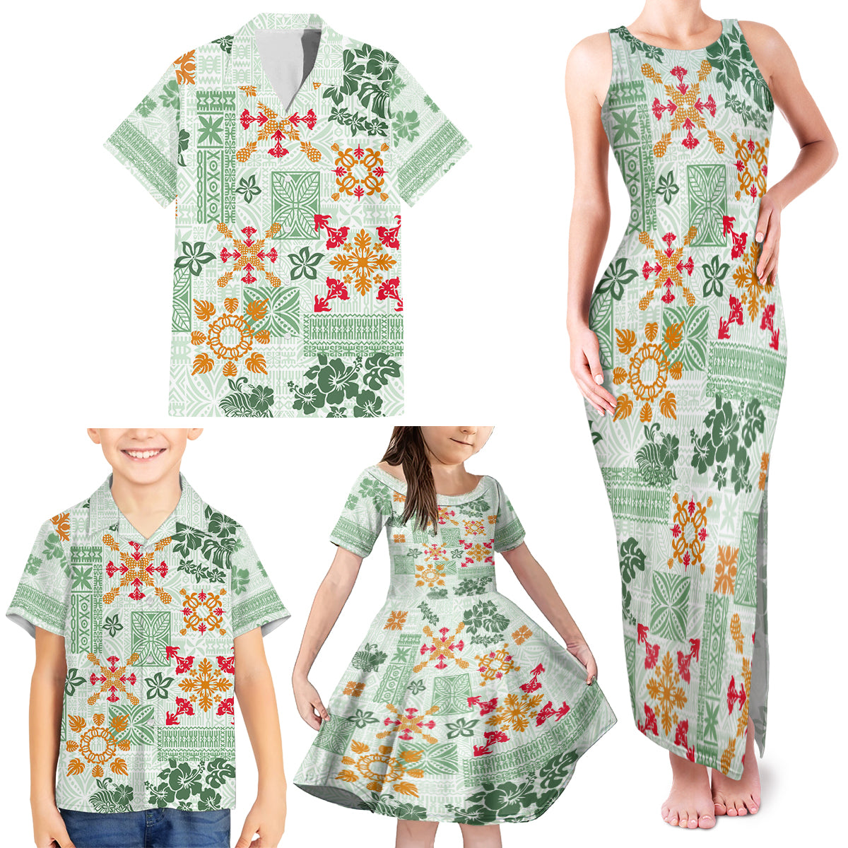 Hawaii Tapa Tribal Family Matching Tank Maxi Dress and Hawaiian Shirt With Hawaiian Quilt Pattern Green - Wonder Print Shop
