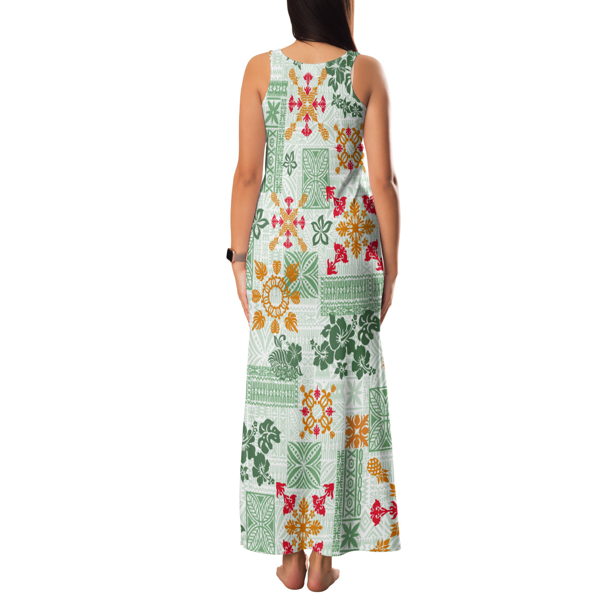 Hawaii Tapa Tribal Family Matching Tank Maxi Dress and Hawaiian Shirt With Hawaiian Quilt Pattern Green - Wonder Print Shop