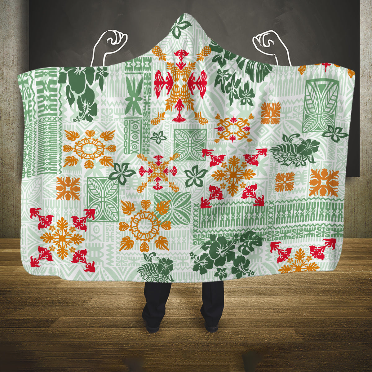 hawaii-tapa-tribal-hooded-blanket-with-hawaiian-quilt-pattern-green