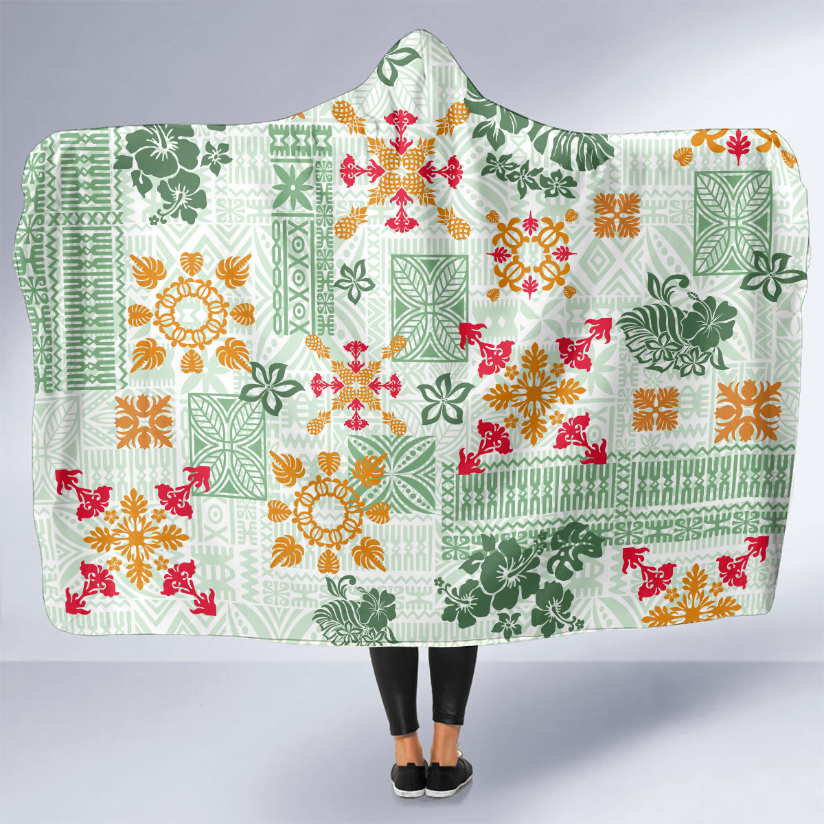 hawaii-tapa-tribal-hooded-blanket-with-hawaiian-quilt-pattern-green