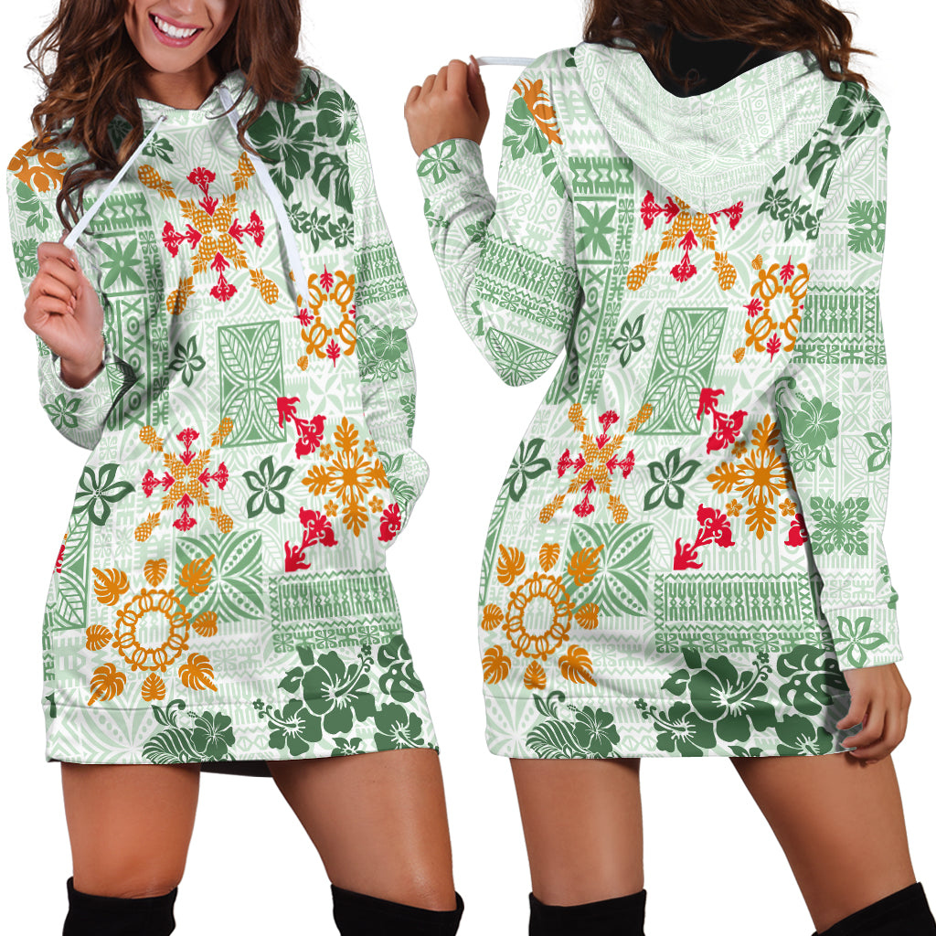 Hawaii Tapa Tribal Hoodie Dress With Hawaiian Quilt Pattern Green - Wonder Print Shop
