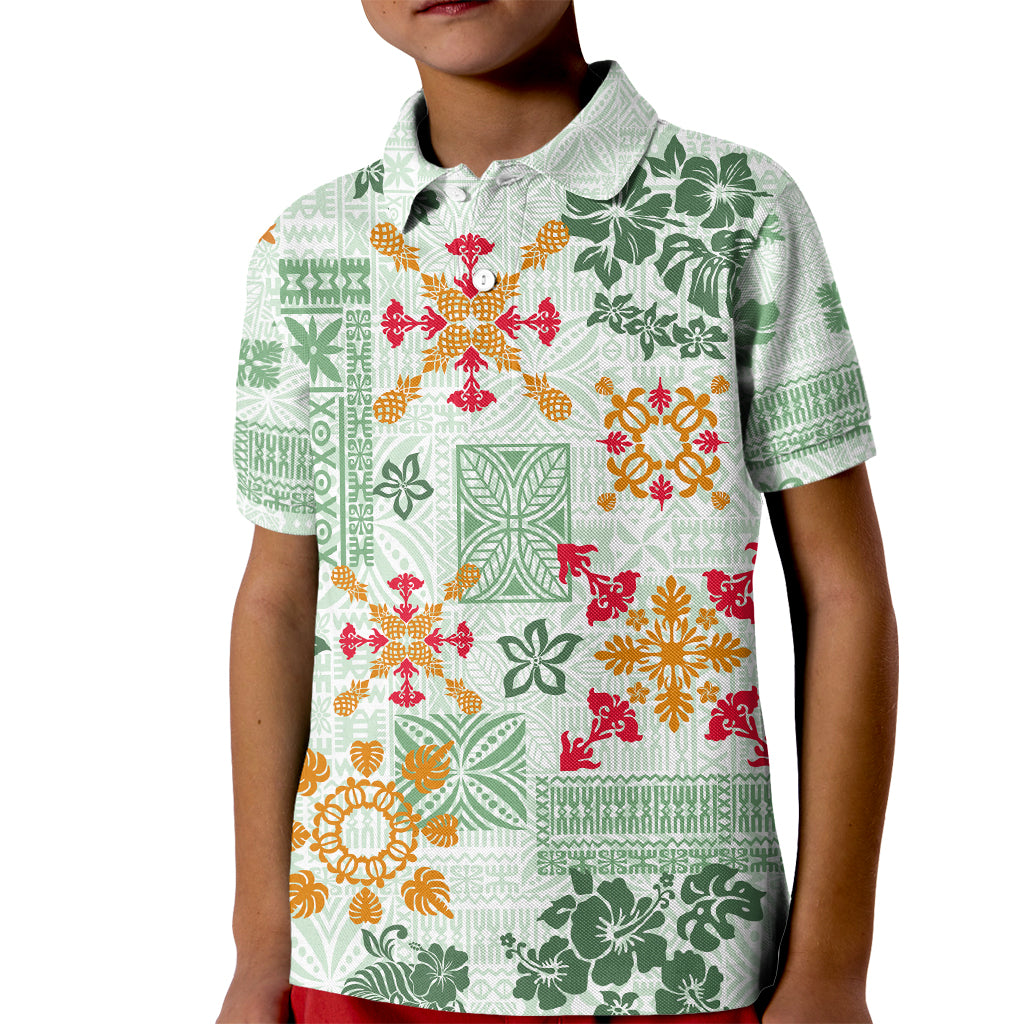 Hawaii Tapa Tribal Kid Polo Shirt With Hawaiian Quilt Pattern Green - Wonder Print Shop