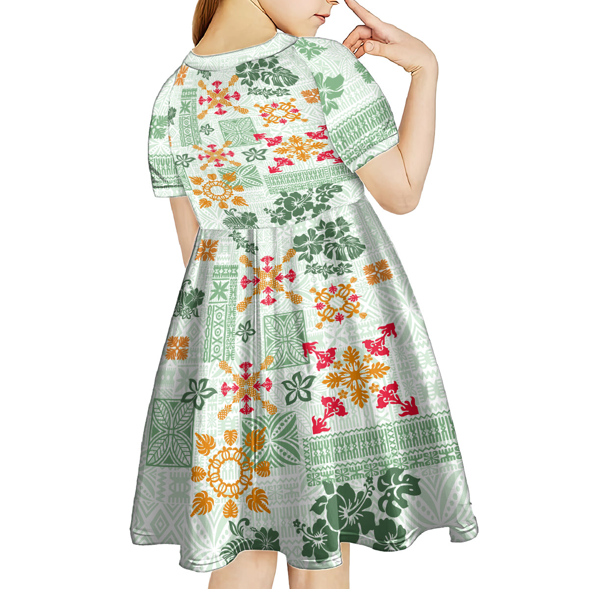 Hawaii Tapa Tribal Kid Short Sleeve Dress With Hawaiian Quilt Pattern Green - Wonder Print Shop