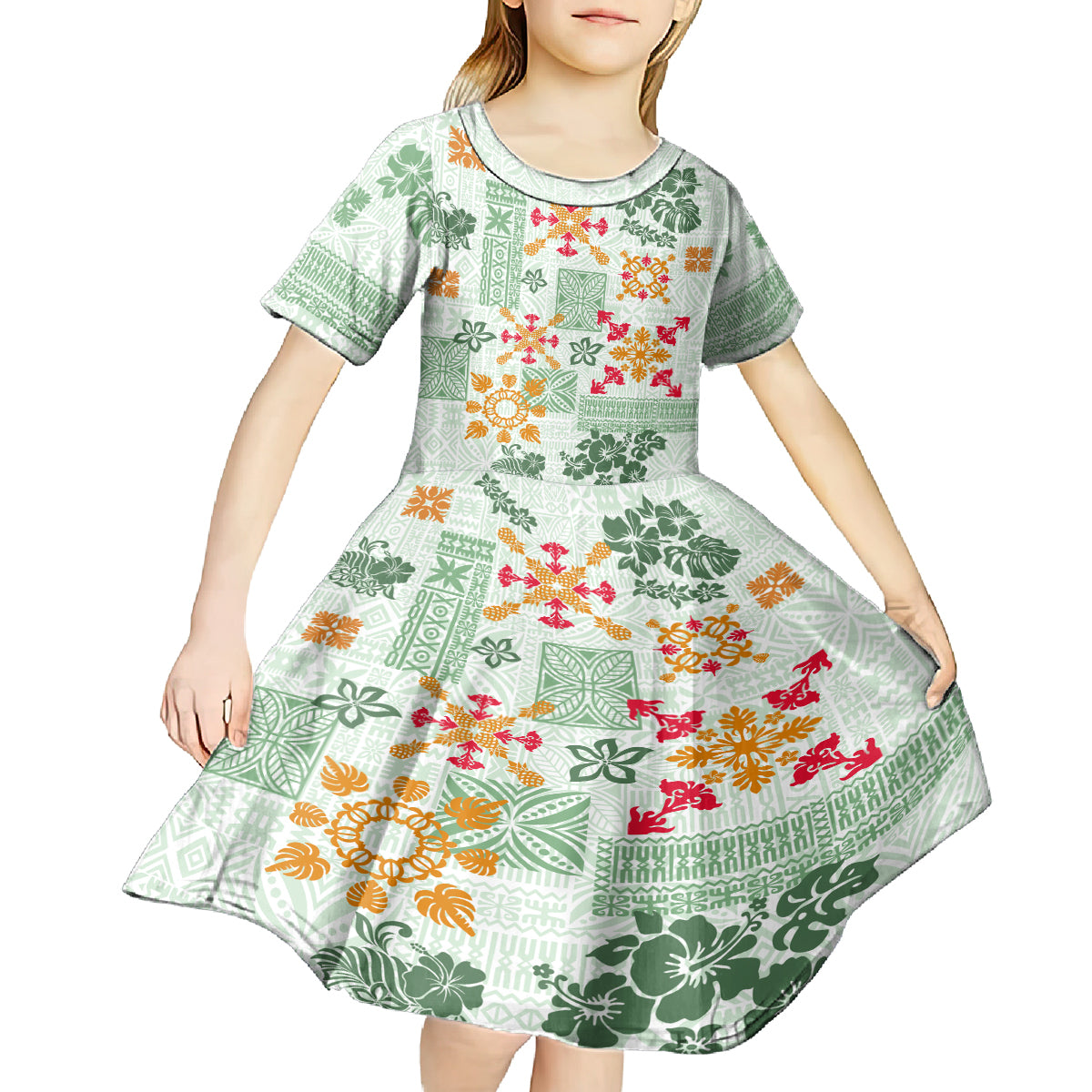 Hawaii Tapa Tribal Kid Short Sleeve Dress With Hawaiian Quilt Pattern Green - Wonder Print Shop