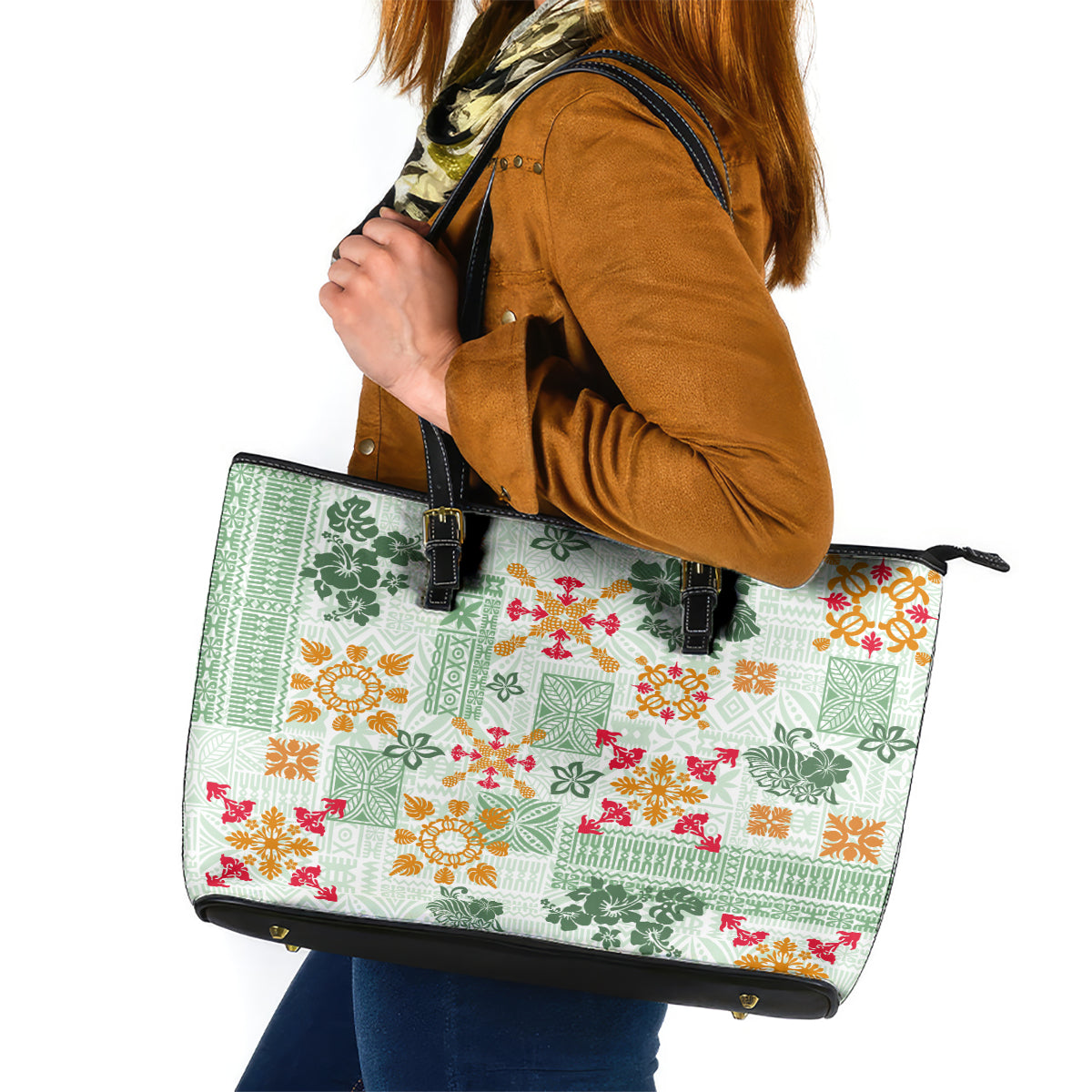 Hawaii Tapa Tribal Leather Tote Bag With Hawaiian Quilt Pattern Green - Wonder Print Shop