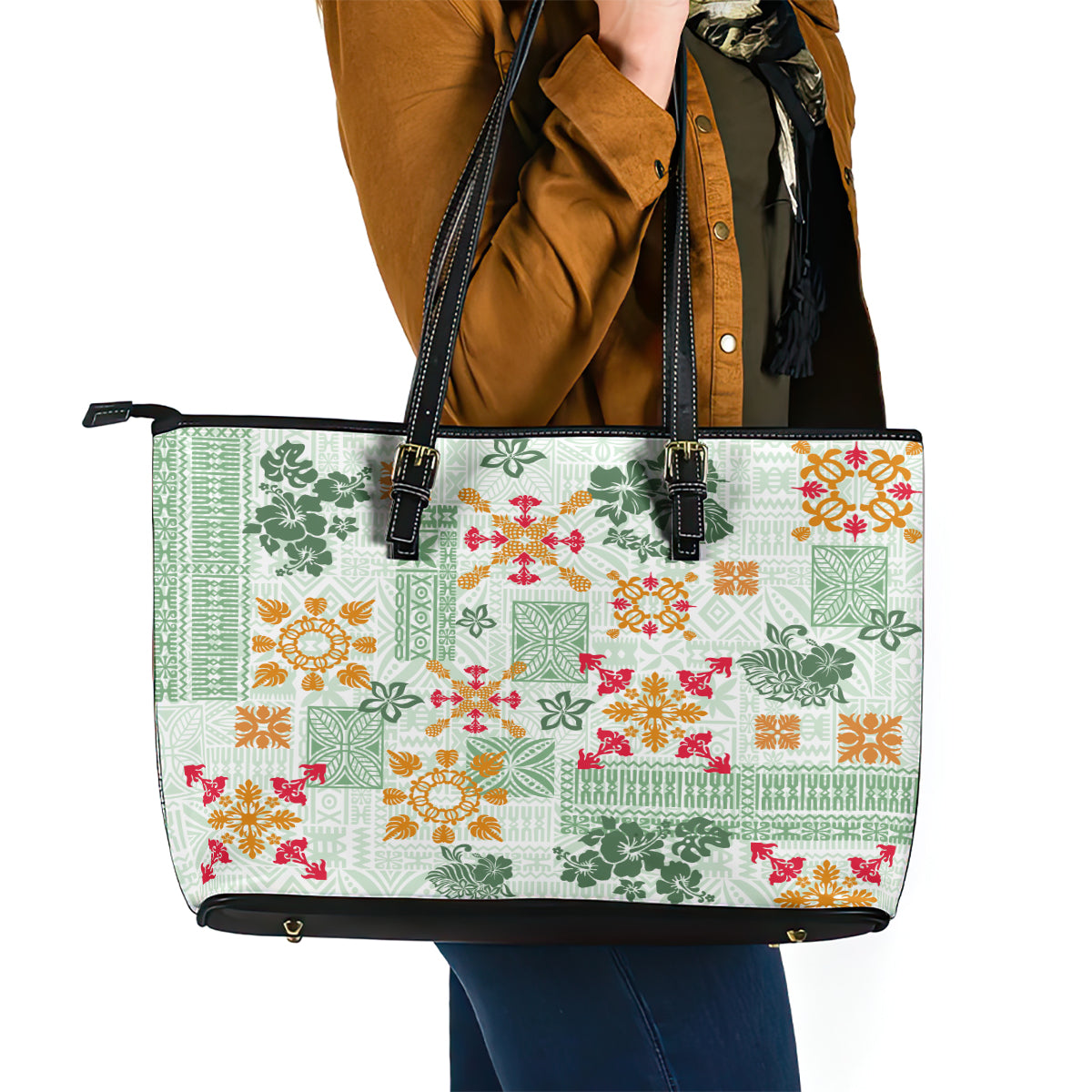 Hawaii Tapa Tribal Leather Tote Bag With Hawaiian Quilt Pattern Green - Wonder Print Shop