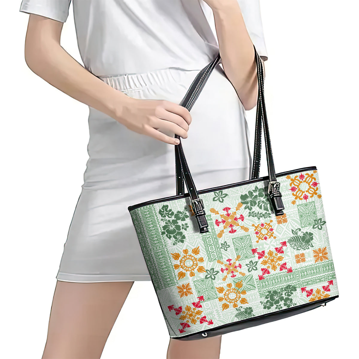 Hawaii Tapa Tribal Leather Tote Bag With Hawaiian Quilt Pattern Green - Wonder Print Shop