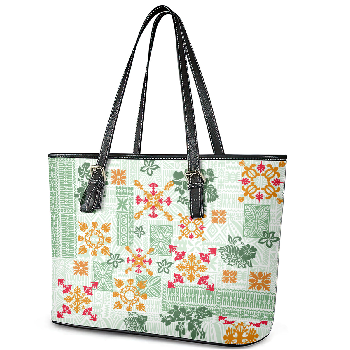 Hawaii Tapa Tribal Leather Tote Bag With Hawaiian Quilt Pattern Green - Wonder Print Shop