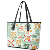 Hawaii Tapa Tribal Leather Tote Bag With Hawaiian Quilt Pattern Green - Wonder Print Shop