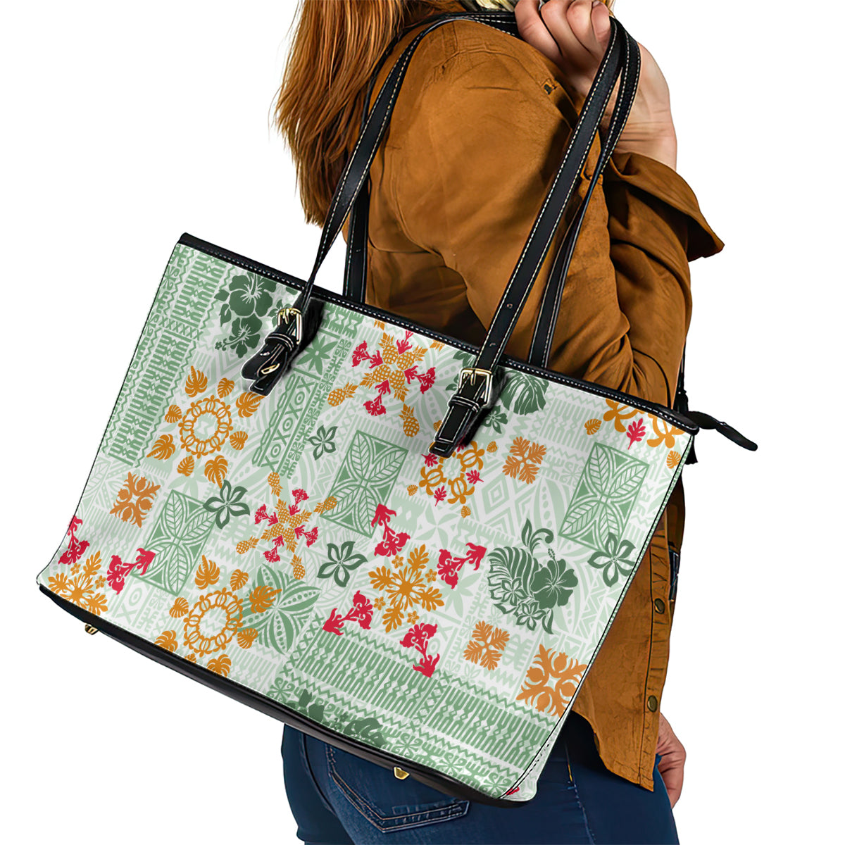 Hawaii Tapa Tribal Leather Tote Bag With Hawaiian Quilt Pattern Green - Wonder Print Shop
