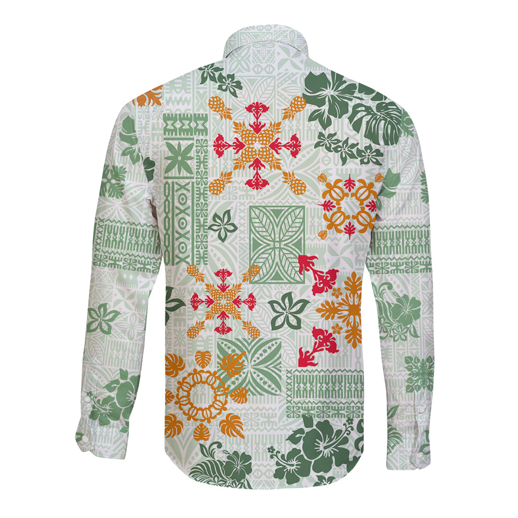 Hawaii Tapa Tribal Long Sleeve Button Shirt With Hawaiian Quilt Pattern Green - Wonder Print Shop