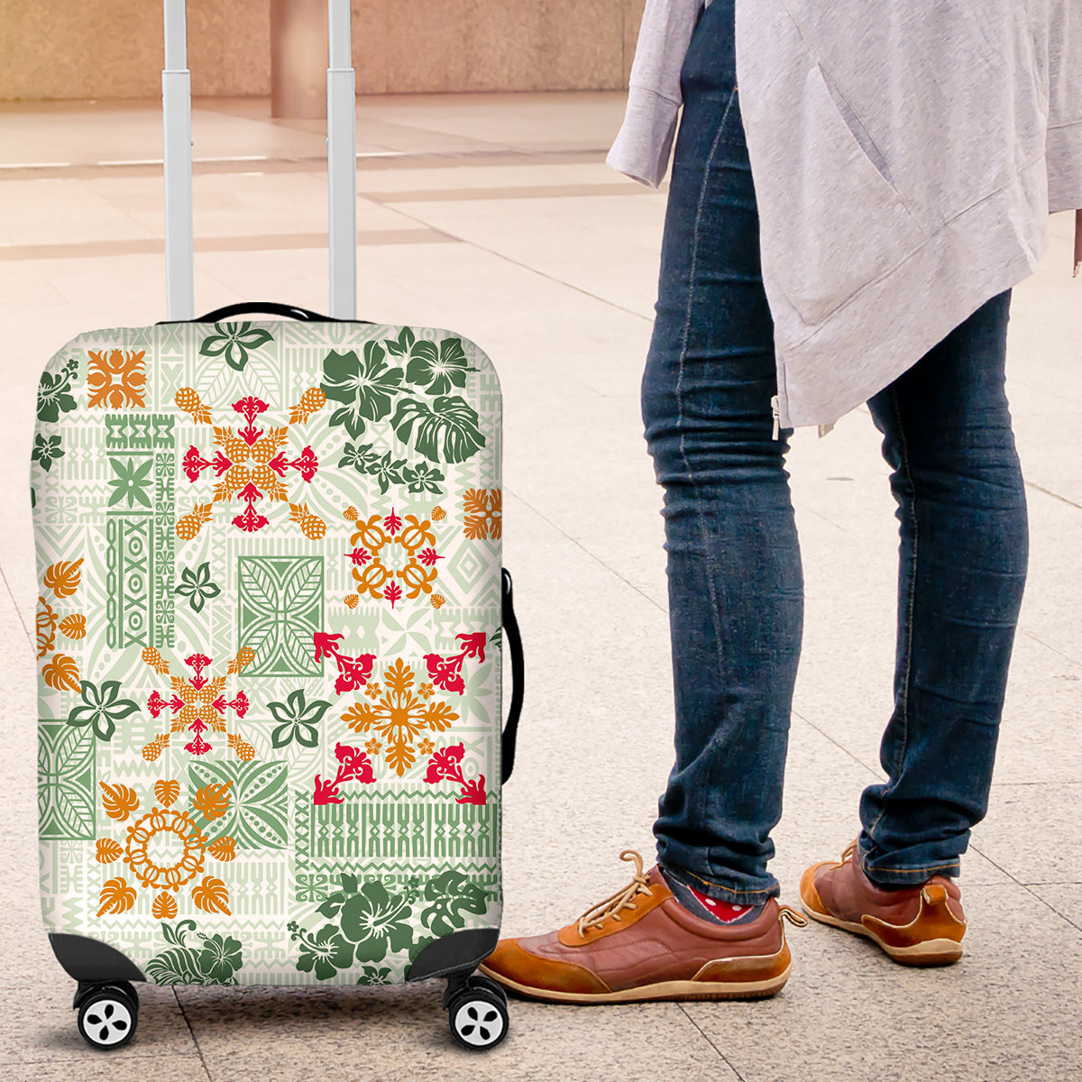 Hawaii Tapa Tribal Luggage Cover With Hawaiian Quilt Pattern Green - Wonder Print Shop