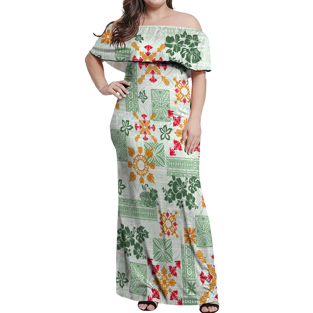 Hawaii Tapa Tribal Off Shoulder Maxi Dress With Hawaiian Quilt Pattern Green - Wonder Print Shop