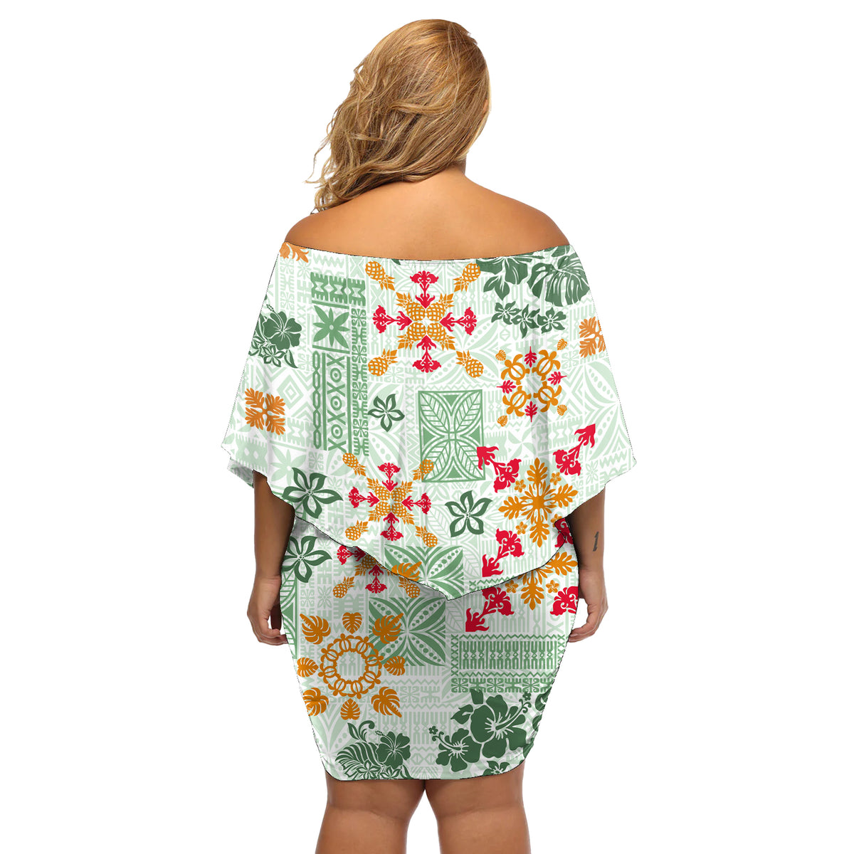Hawaii Tapa Tribal Off Shoulder Short Dress With Hawaiian Quilt Pattern Green - Wonder Print Shop