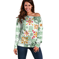 Hawaii Tapa Tribal Off Shoulder Sweater With Hawaiian Quilt Pattern Green - Wonder Print Shop