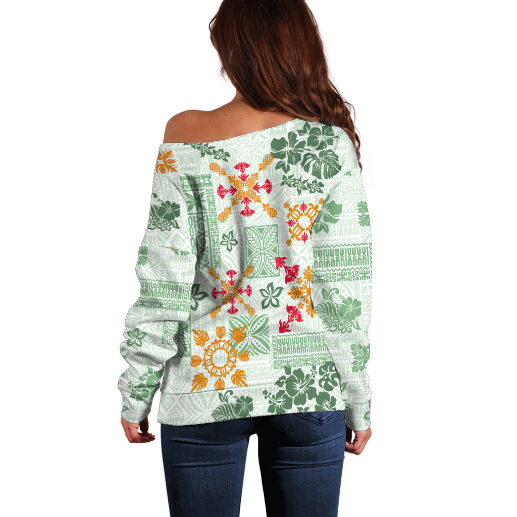 Hawaii Tapa Tribal Off Shoulder Sweater With Hawaiian Quilt Pattern Green - Wonder Print Shop