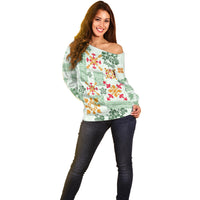 Hawaii Tapa Tribal Off Shoulder Sweater With Hawaiian Quilt Pattern Green - Wonder Print Shop