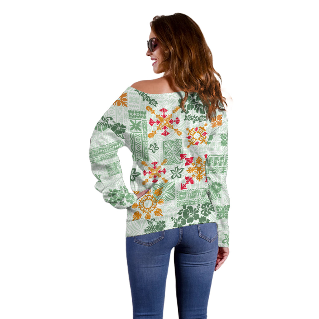 Hawaii Tapa Tribal Off Shoulder Sweater With Hawaiian Quilt Pattern Green - Wonder Print Shop