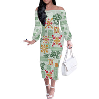 Hawaii Tapa Tribal Off The Shoulder Long Sleeve Dress With Hawaiian Quilt Pattern Green - Wonder Print Shop