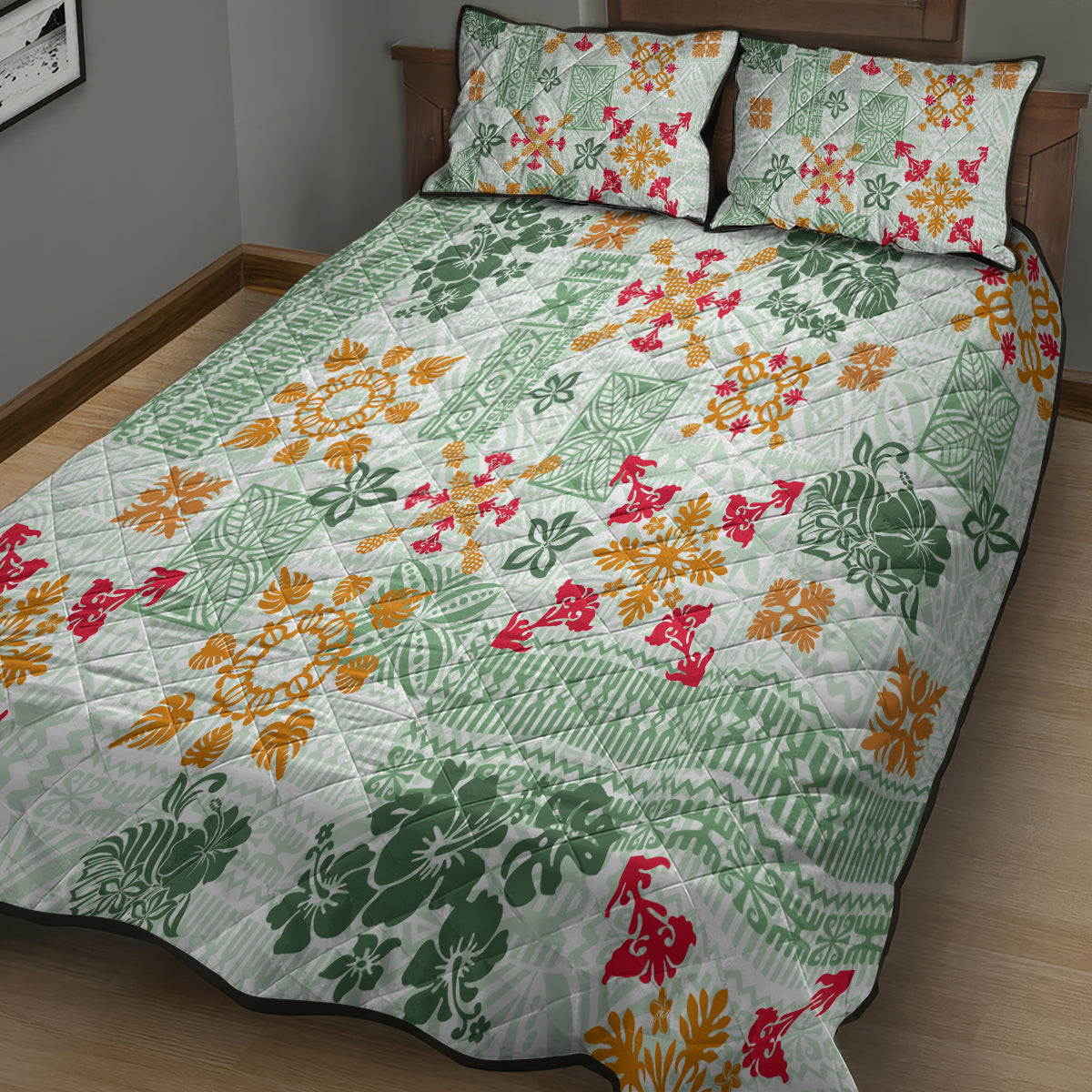 Hawaii Tapa Tribal Quilt Bed Set With Hawaiian Quilt Pattern Green - Wonder Print Shop