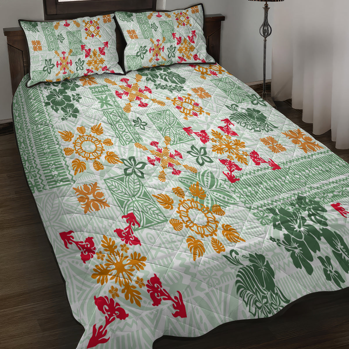 Hawaii Tapa Tribal Quilt Bed Set With Hawaiian Quilt Pattern Green - Wonder Print Shop