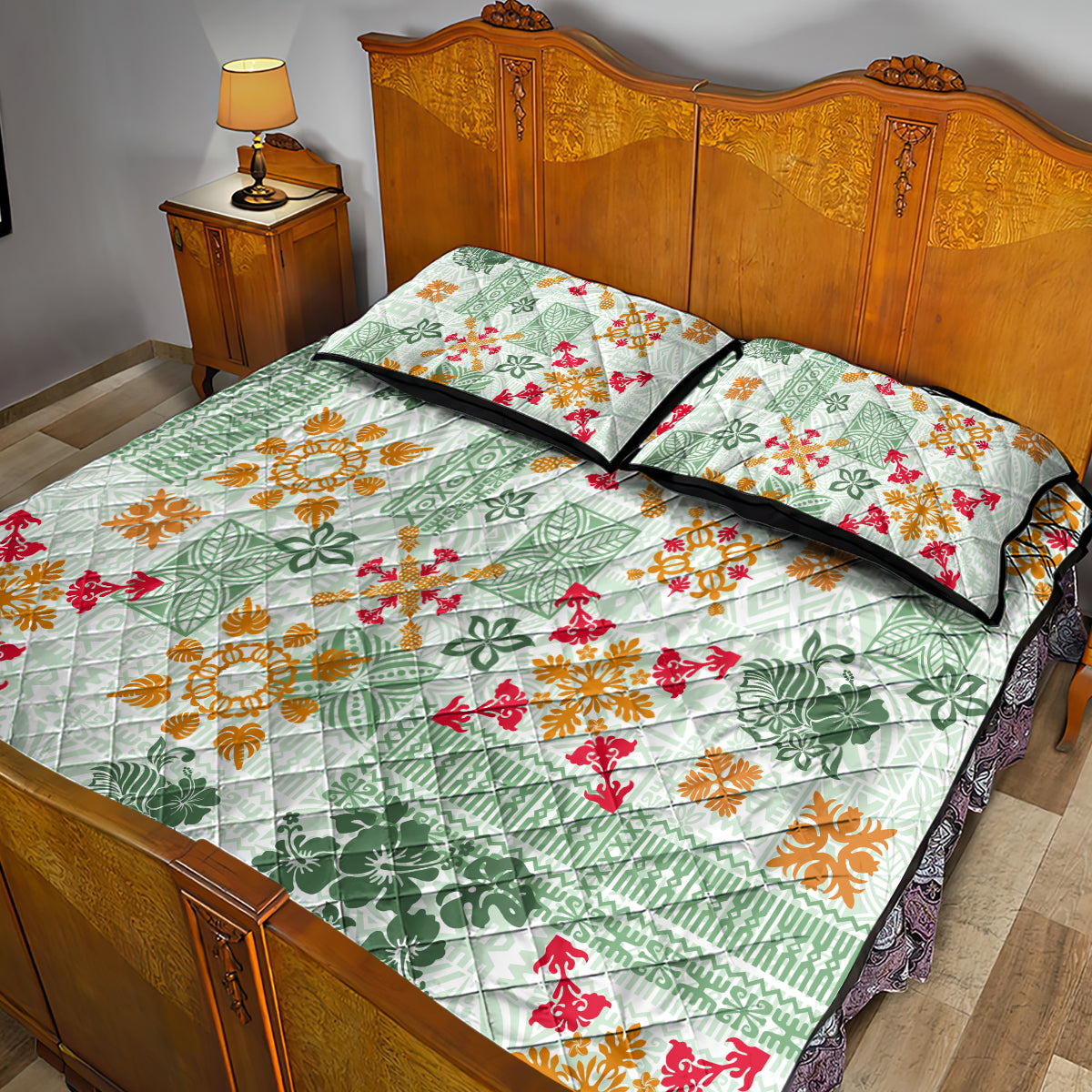Hawaii Tapa Tribal Quilt Bed Set With Hawaiian Quilt Pattern Green - Wonder Print Shop