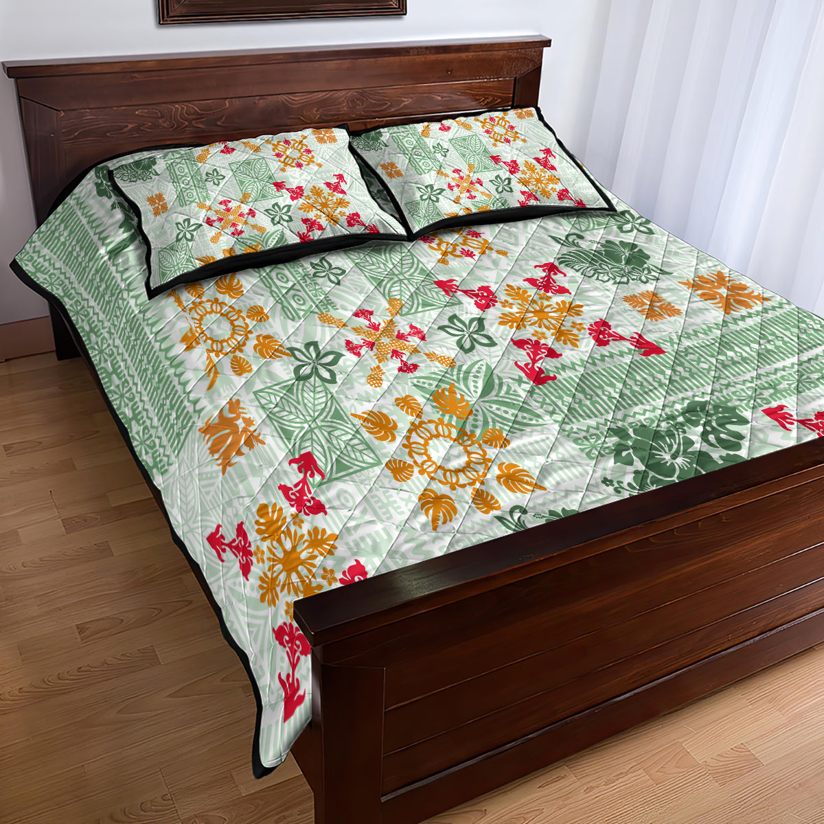 Hawaii Tapa Tribal Quilt Bed Set With Hawaiian Quilt Pattern Green - Wonder Print Shop