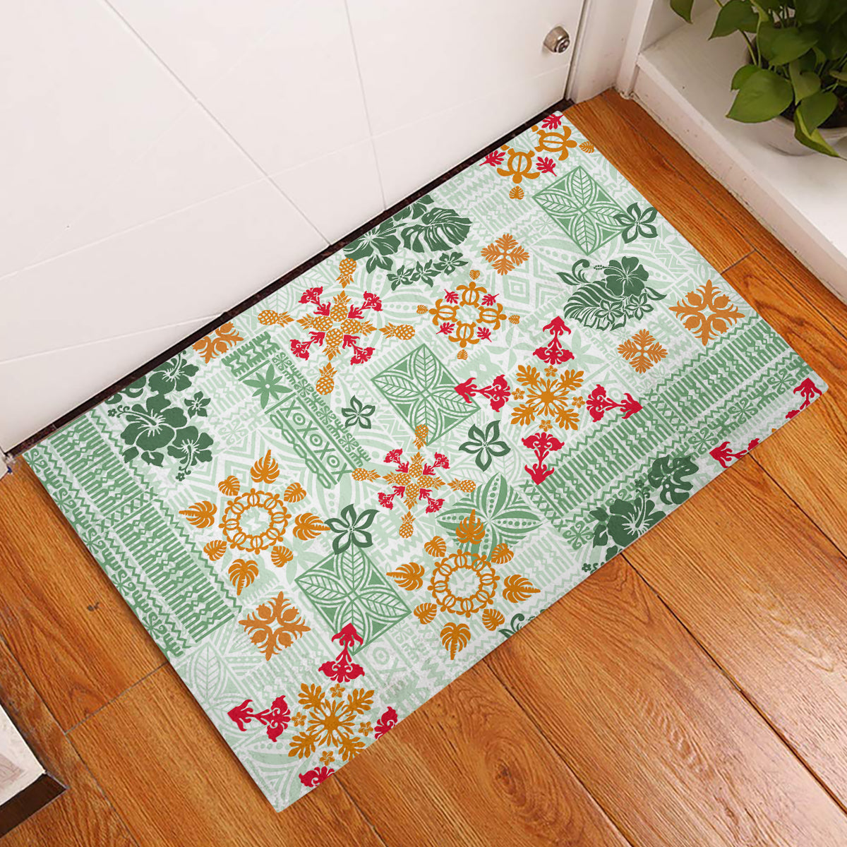 Hawaii Tapa Tribal Rubber Doormat With Hawaiian Quilt Pattern Green - Wonder Print Shop