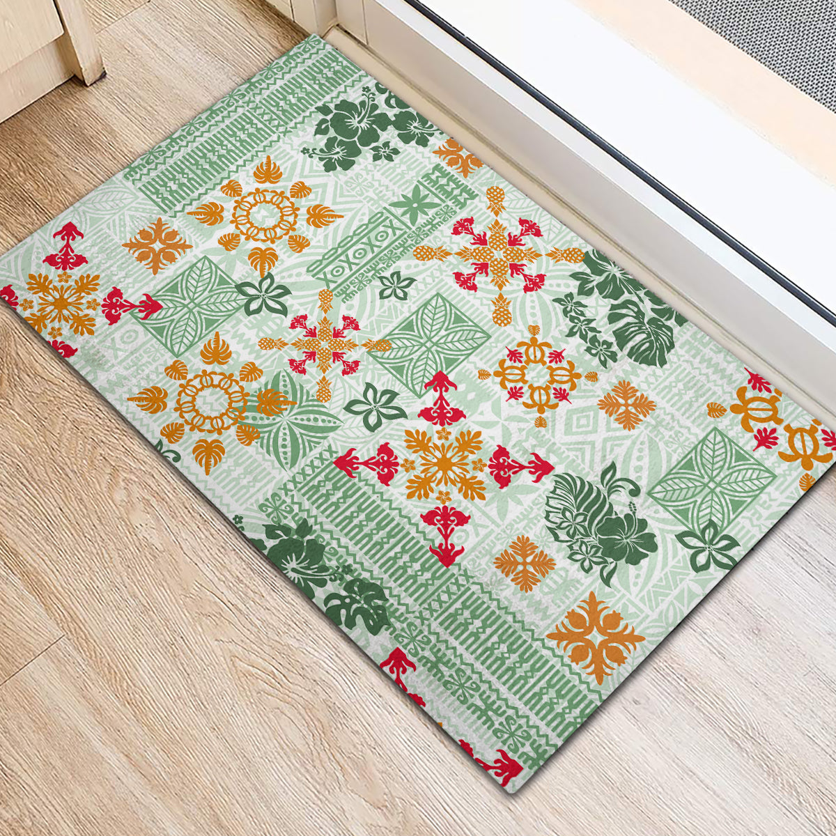Hawaii Tapa Tribal Rubber Doormat With Hawaiian Quilt Pattern Green - Wonder Print Shop