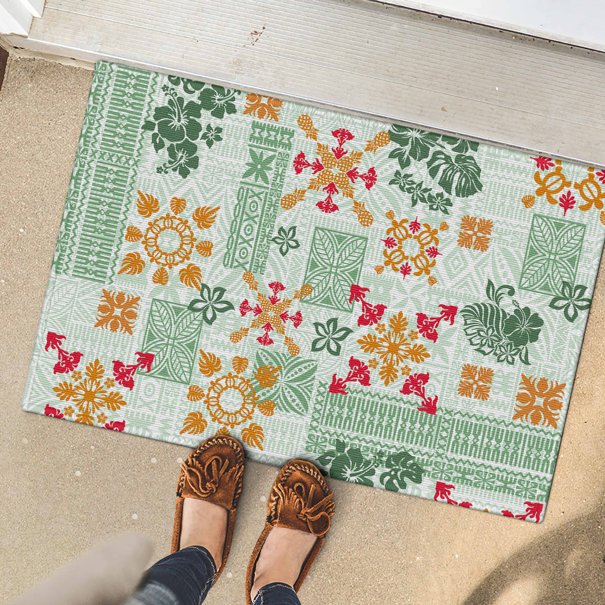 Hawaii Tapa Tribal Rubber Doormat With Hawaiian Quilt Pattern Green - Wonder Print Shop