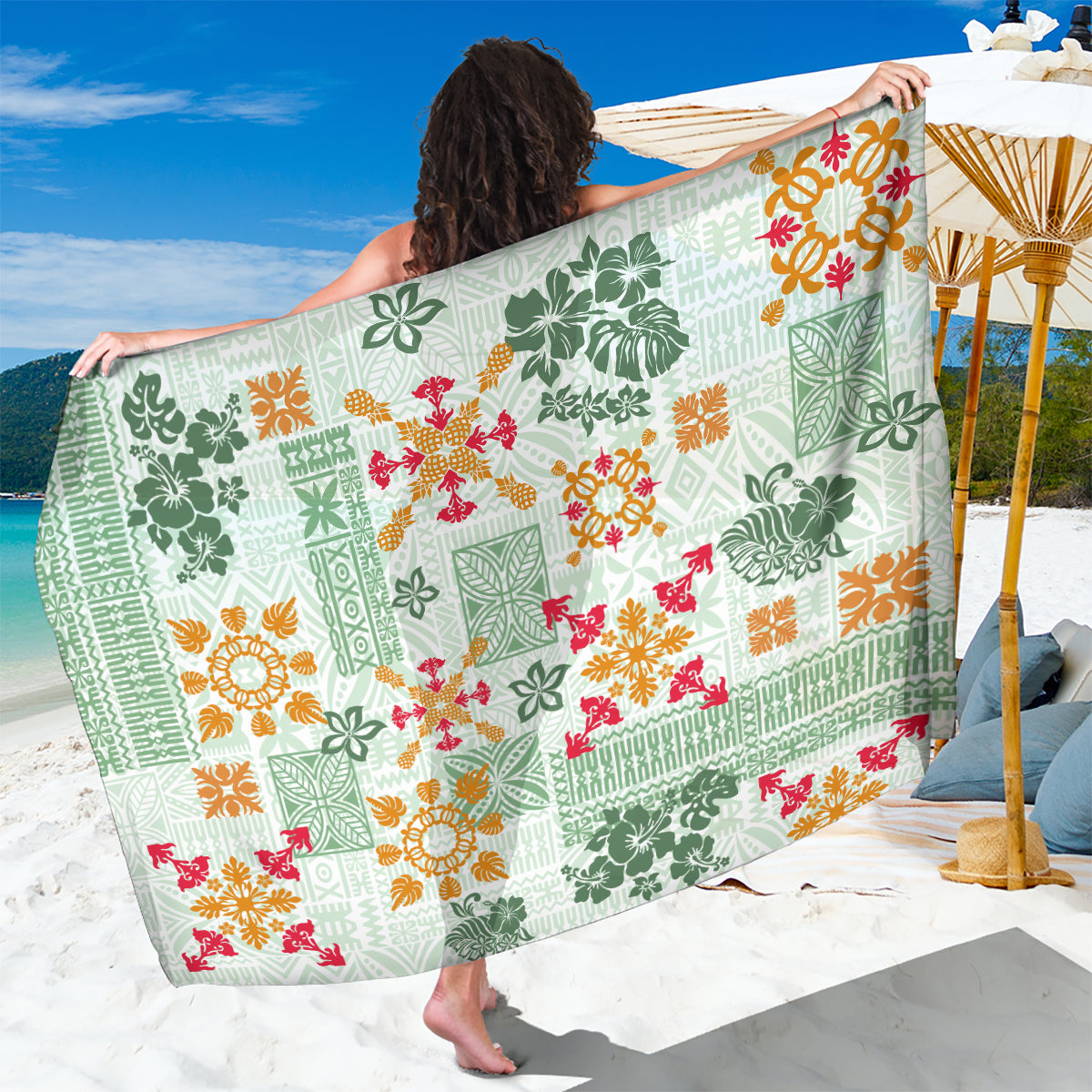 Hawaii Tapa Tribal Sarong With Hawaiian Quilt Pattern Green - Wonder Print Shop