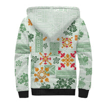 Hawaii Tapa Tribal Sherpa Hoodie With Hawaiian Quilt Pattern Green - Wonder Print Shop