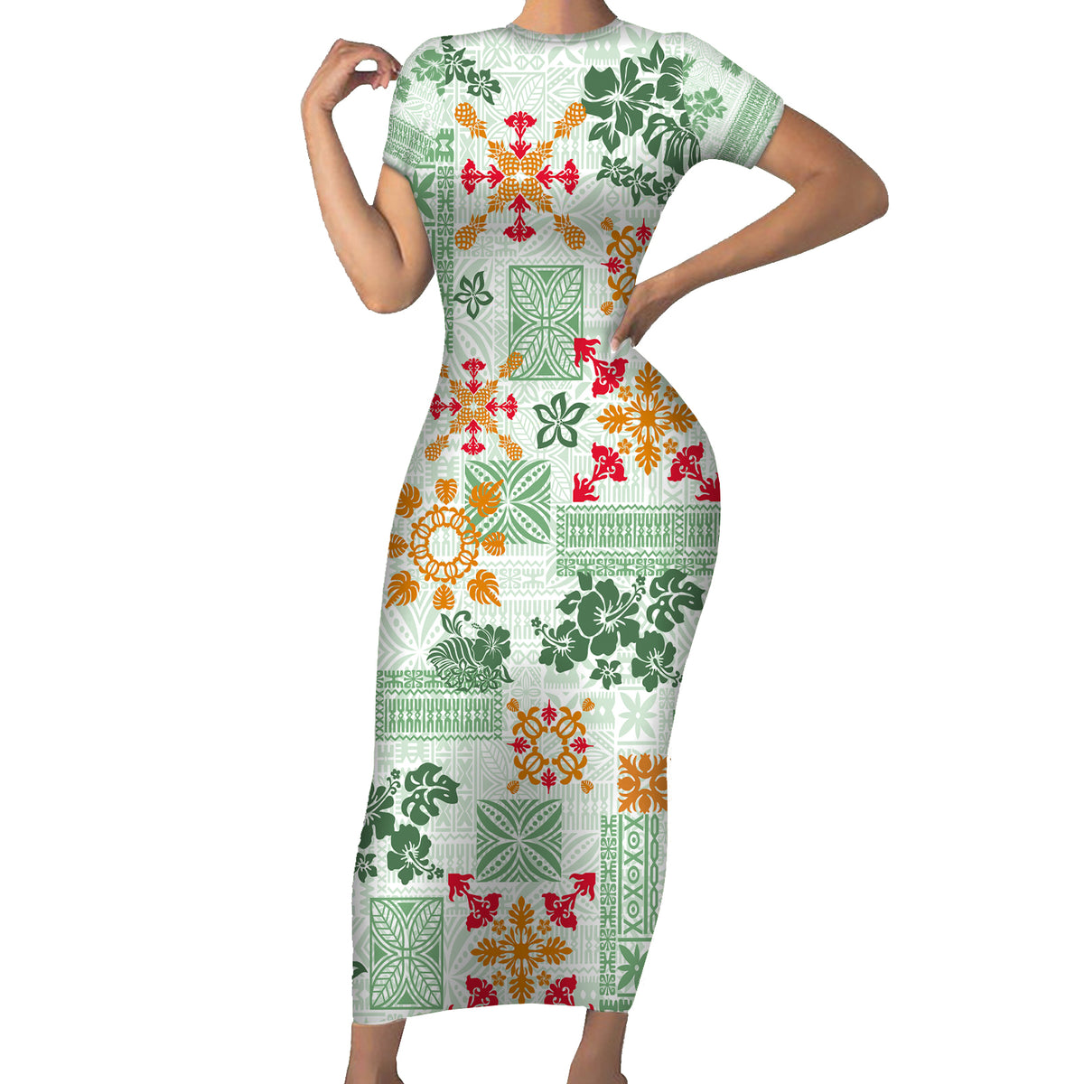 Hawaii Tapa Tribal Short Sleeve Bodycon Dress With Hawaiian Quilt Pattern Green - Wonder Print Shop